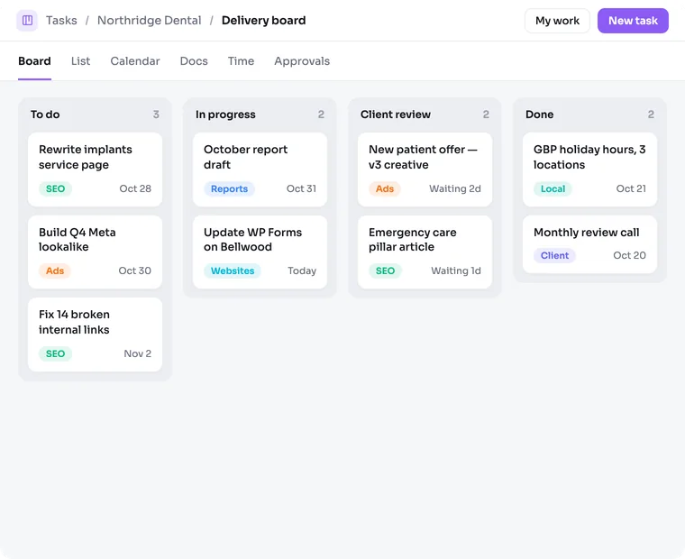 Agency Stack delivery board: a kanban with to do, in progress, client review and done columns, tasks tagged by service, and the docs linked to the board.